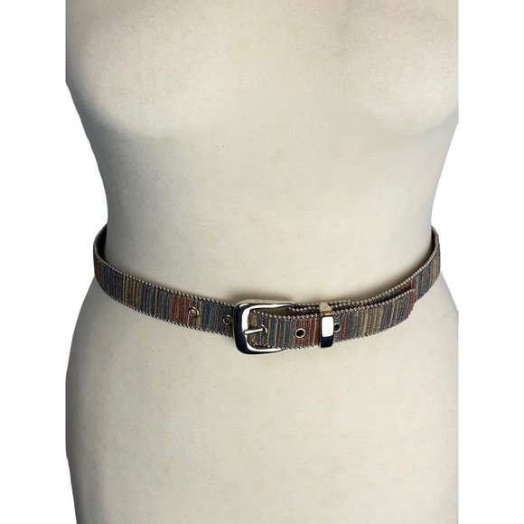 Small Elite Women's 1"w Belt Fabric with Silvertone Beaded Trim Made in USA - Picture 1 of 5